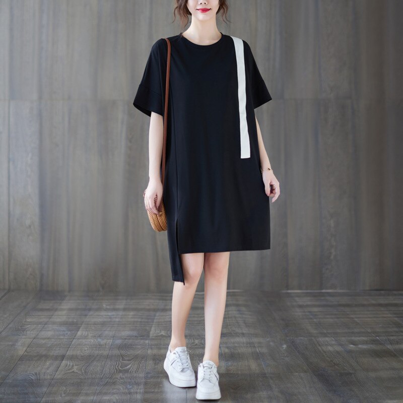 #3377 Black Irregular T Shirt Women Short Sleeves Spliced Color Sexy Straight T-shirt Dresses Knee-length O-neck Loose Summer alx