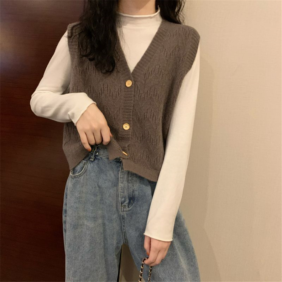 Spring Fall Loose Knitted Sweater Vest Women Basic Solid Gilets Casual Korean Waistcoat Cardigan Short Tops Bottoming Shirt 2022 alx