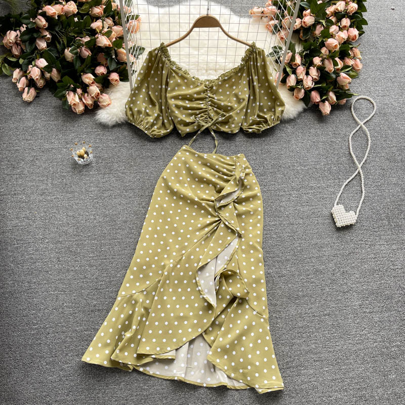 Women New 2022 Summer Boho Chiffon Beach Set Female Puff Sleeve Short Tops+High Waist Mermaid Midi Skirt Two Piece Suits F159 alx