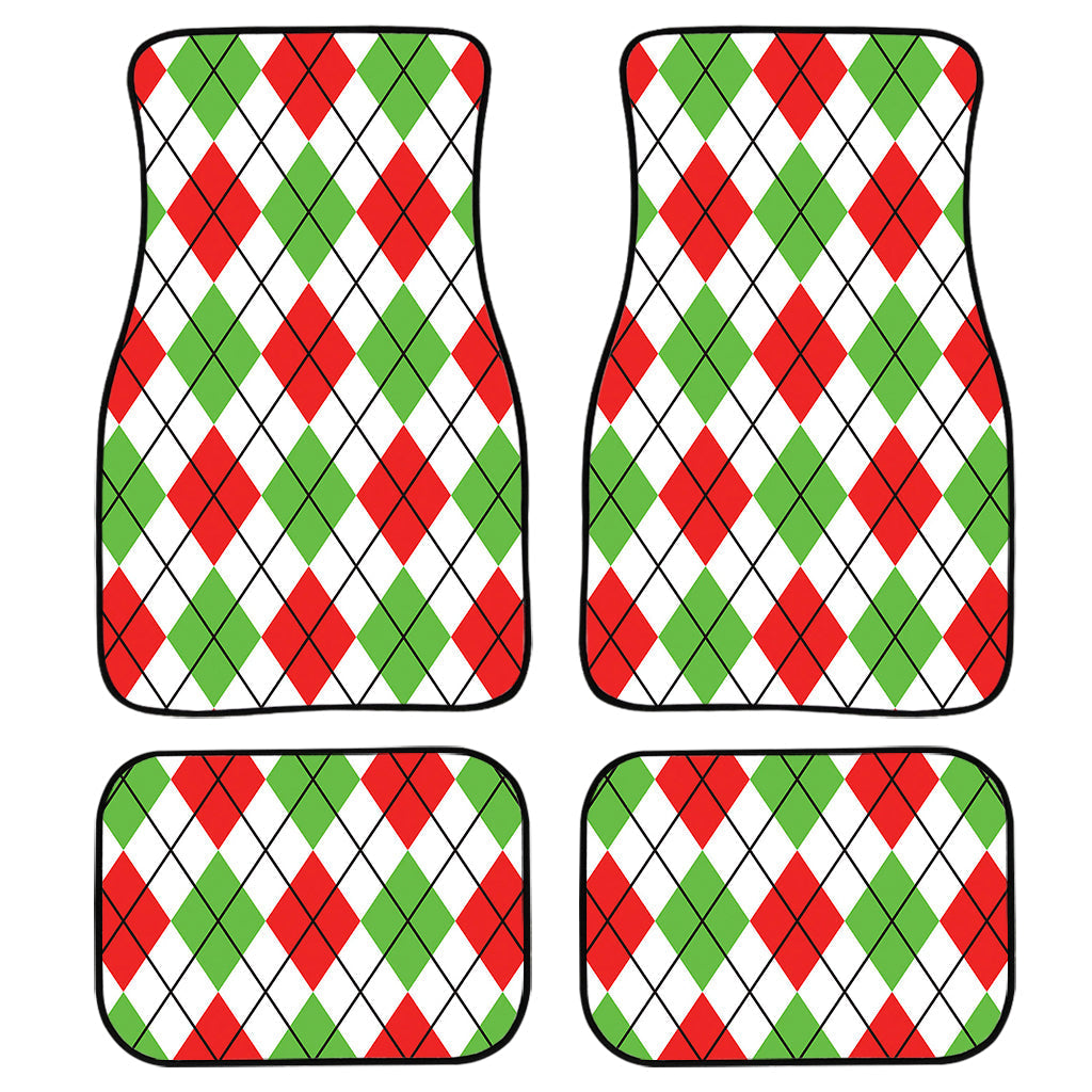 Green Red And White Argyle Pattern Print Front And Back Car Floor Mats, Front Car Mat