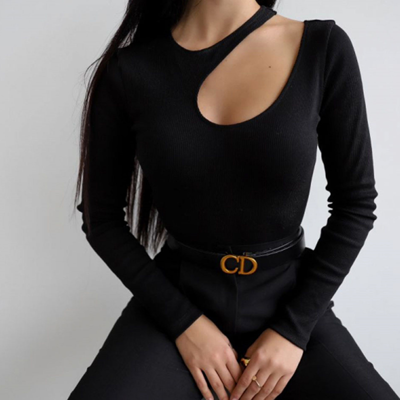 Women Y2k Ribbed Cutout Bodysuit Female Basic Sexy Hollow Out Asymmetrical Bodycon Top Casual Long Sleeve Fashion Slim T Shirts alx