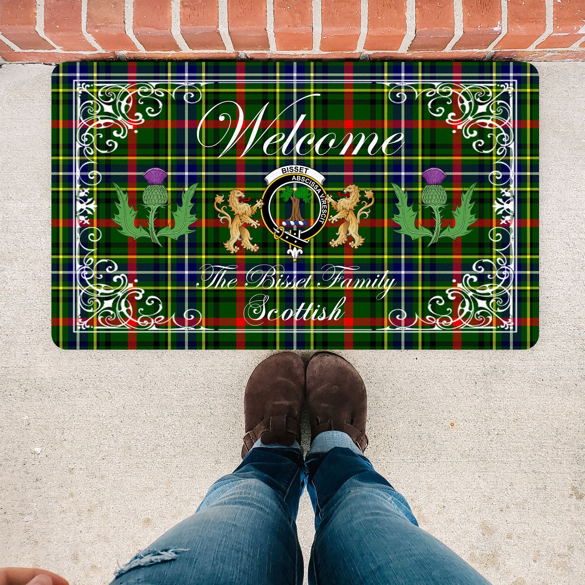 Scotstee Shop Tartan Door Mats Clan Bisset Badge Tartan Thistle And Two Lion Scottish Plaid Doormat, Christmas Door Mat Gift