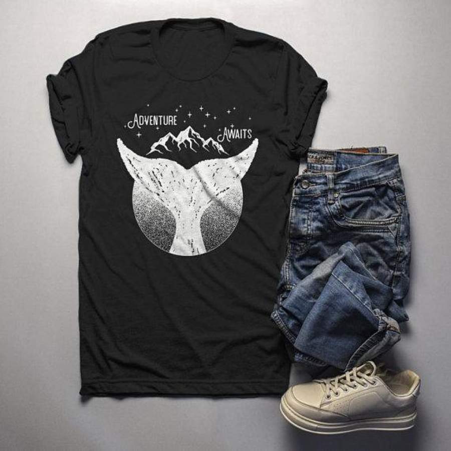 Men’s Whale Hipster T Shirt Mountains Shirt Birds Wanderlust Adventure Awaits Graphic Tee