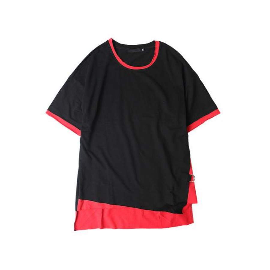 Side Ribbon Irregular Hi-end Fashion Men T-shirt Short Sleeve Summer Color Block Hip Hop T Shirt Men Tee Shirts 2 Colors