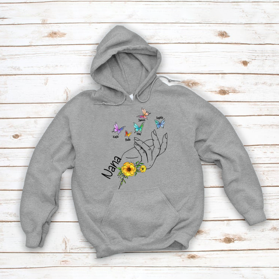 Grandma And Grandkids Flower Hands Butterfly Hoodie