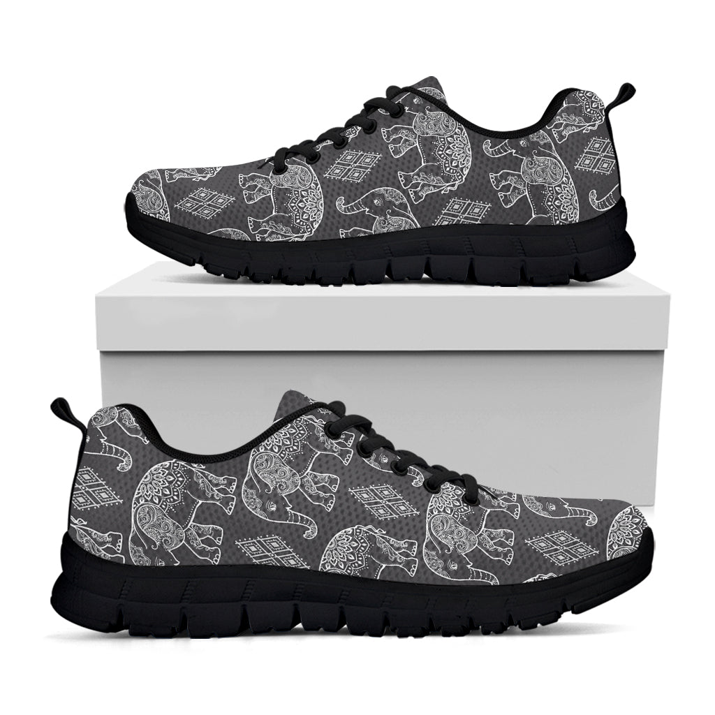 White And Grey Indian Elephant Print Black Sneakers