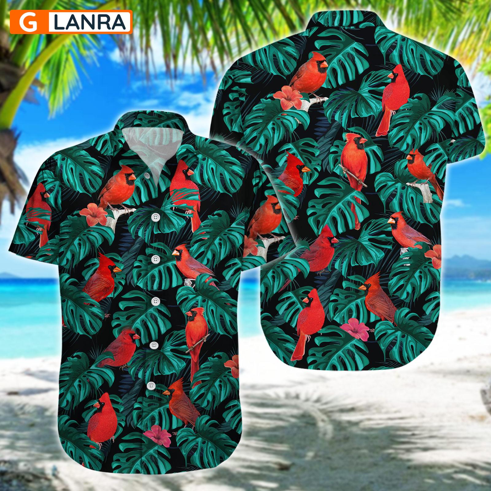 Cardinal Palm Leaves Flower Button Shirt, Cardinal Button Shirt, Summer Cardinal Hawaiian Shirt, Cardinal Leaf Hawaiian Shirt, Summer Tropical Shirt