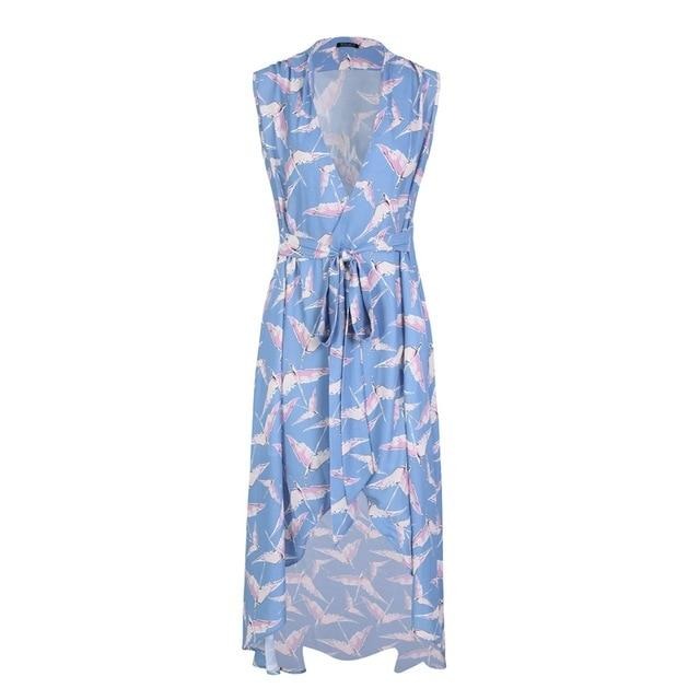 V-Neck Bird Print Summer Sexy Sleeveless Sash Maxi Wrap Boho Chic Long Dress