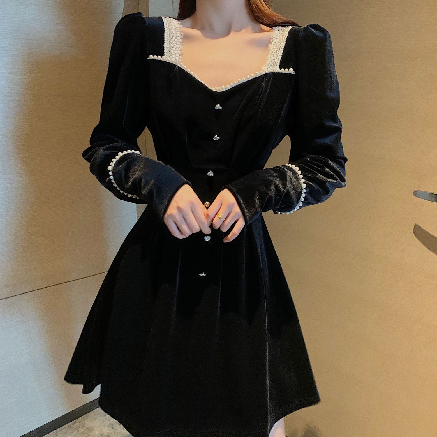 Square Neck Lace Beads Velvet Dress For Women Puff Long Sleeve Knee Dresses Lady Elegant Black High Waist Slim Plus Size Dress alx