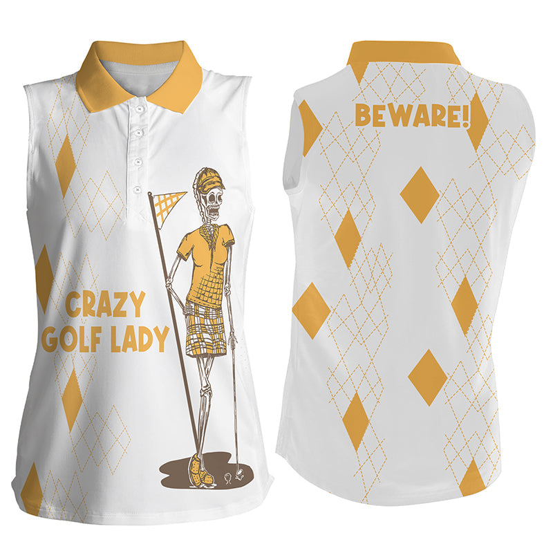 Funny Womens Sleeveless Polo Shirt Golf Skull Crazy Golf Lady Beware Womens Golf Tops