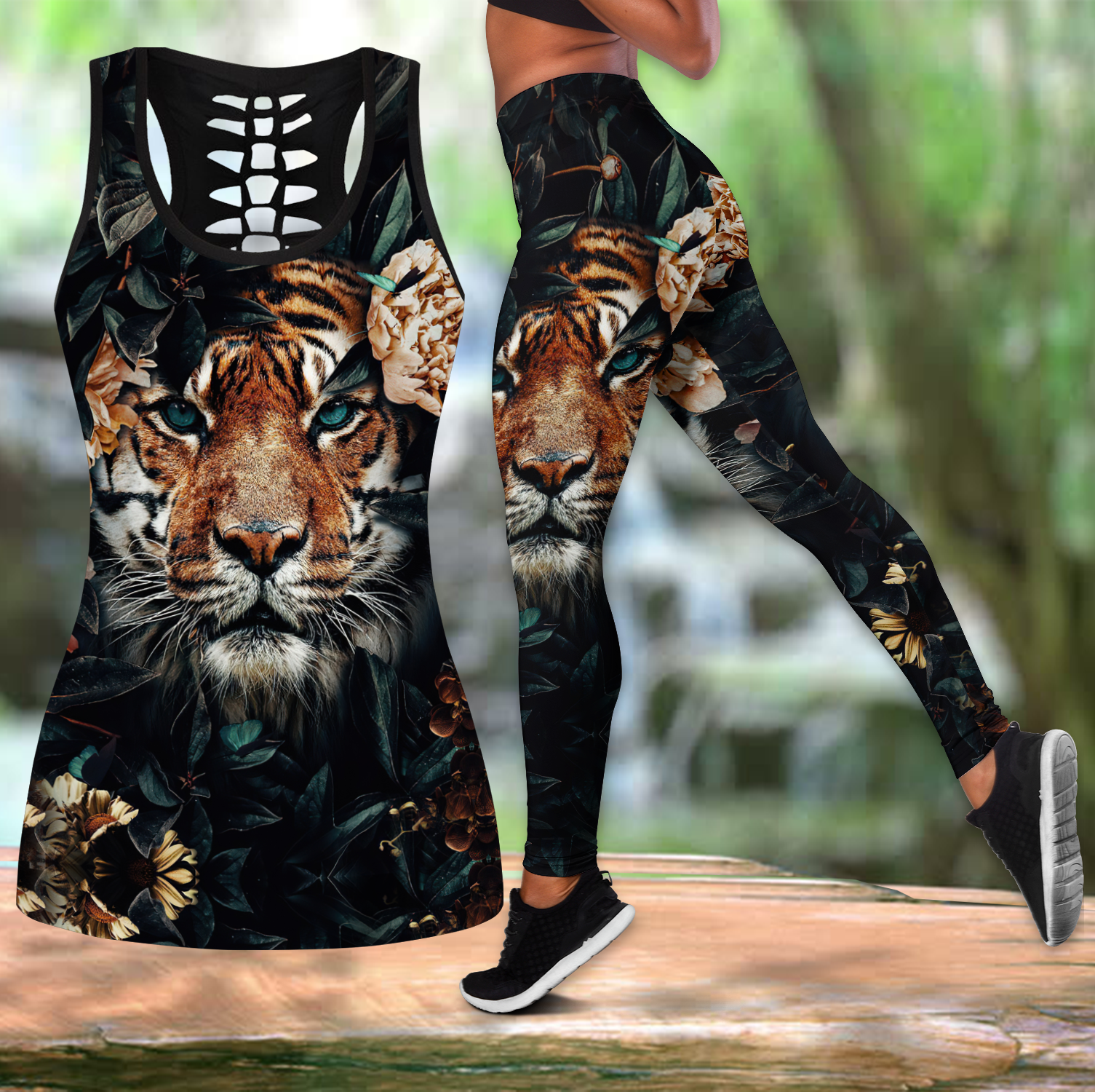 Tiger With Flower Combo Legging + Hollow Tank Combo For Women