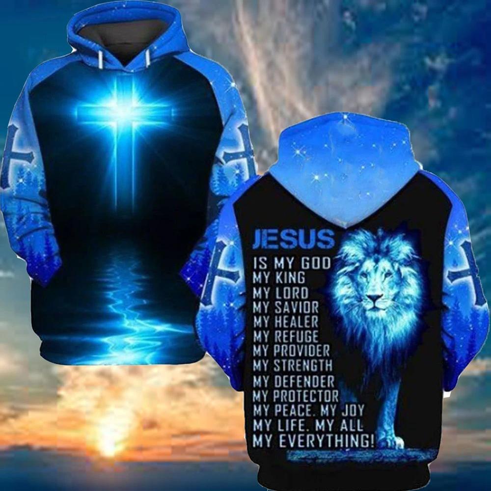 Unifinz Jesus Shirt Lion Jesus Is My God My King My Lord Blue T-Shirt Jesus Hoodie Christian Apparel 2022