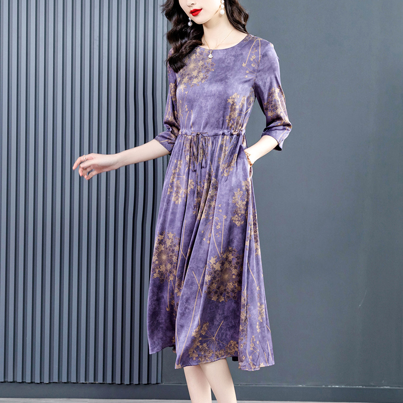 Women Purple Floral Natural Silk Midi Dress Summer New Elegant Bodycon Casual Party Dresses 2022 Korean Vintage Satin Vestidos alx