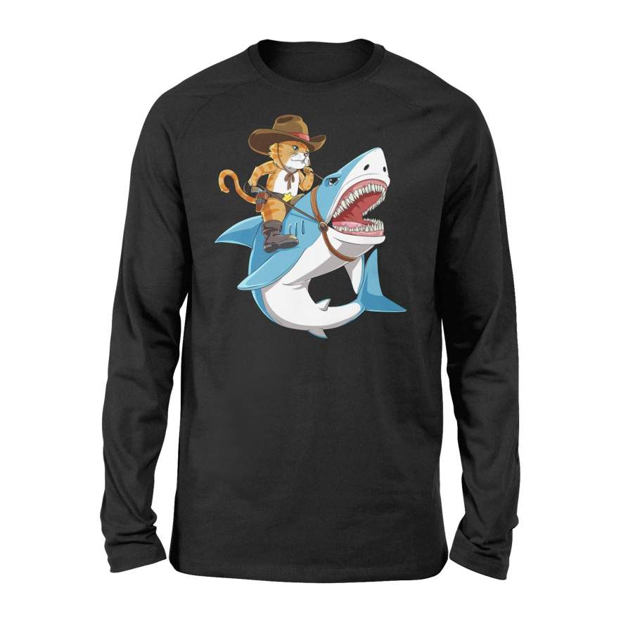 Cat Riding Shark Women Kids Funny Kitty Kitten Gifts Long Sleeve T-Shirt