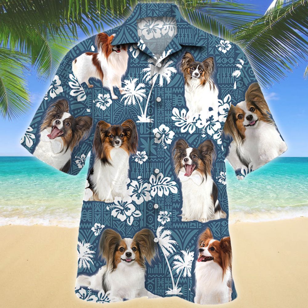 Papillon Dog Blue Tribal Pattern Hawaiian Shirt Ha18015