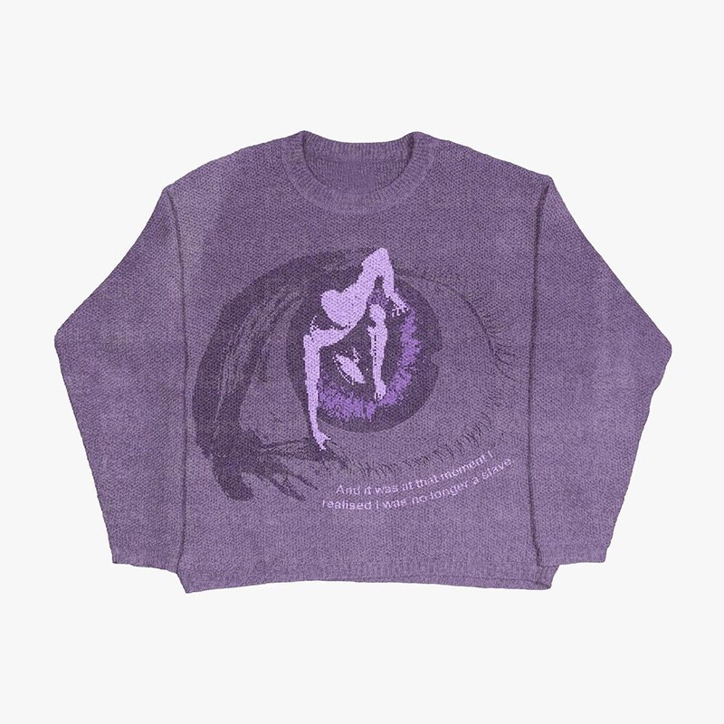 Y2k Knitted Sweater Eye Graphic Mens Women Cotton Sweaters Top Vintage Loose Purple Pullovers Casual Harajuku Autumn Knitwear alx