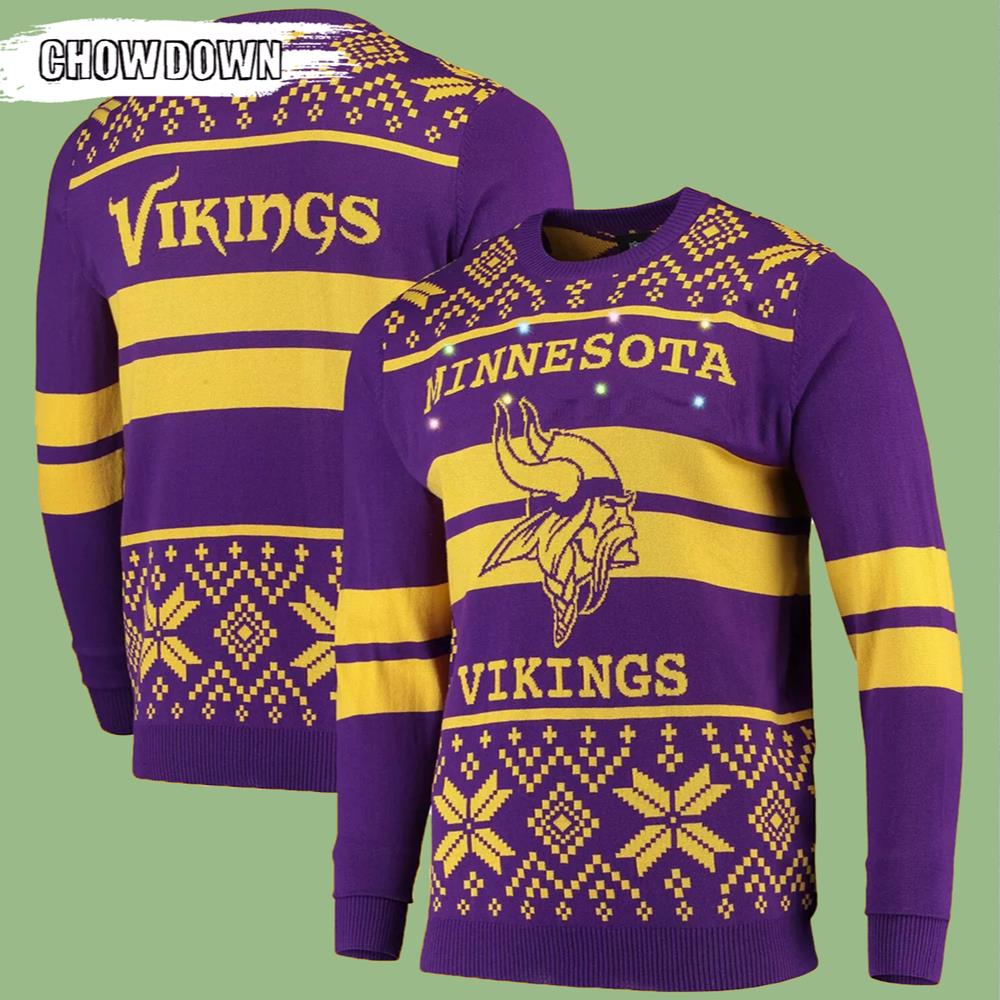 Gold Minnesota Vikings Gift For Fan Ugly Wool Sweater Christmas Light Up Ugly Sweater