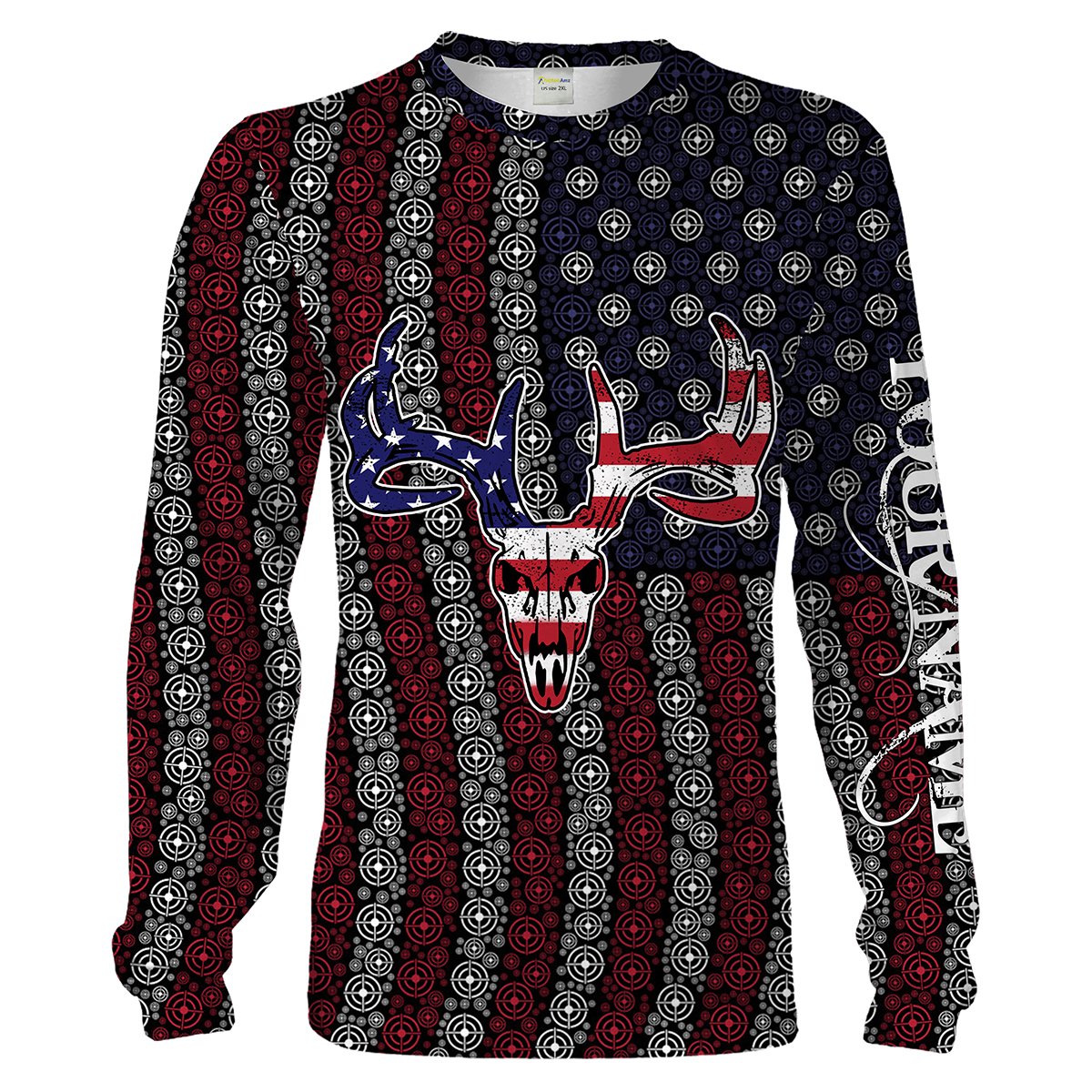 American Flag Target Deer Hunting Deer Skull Custom Name All Over Print Long Sleeve, Hoodie Patriotic Hunting Shirts Chipteeamz FSD1896