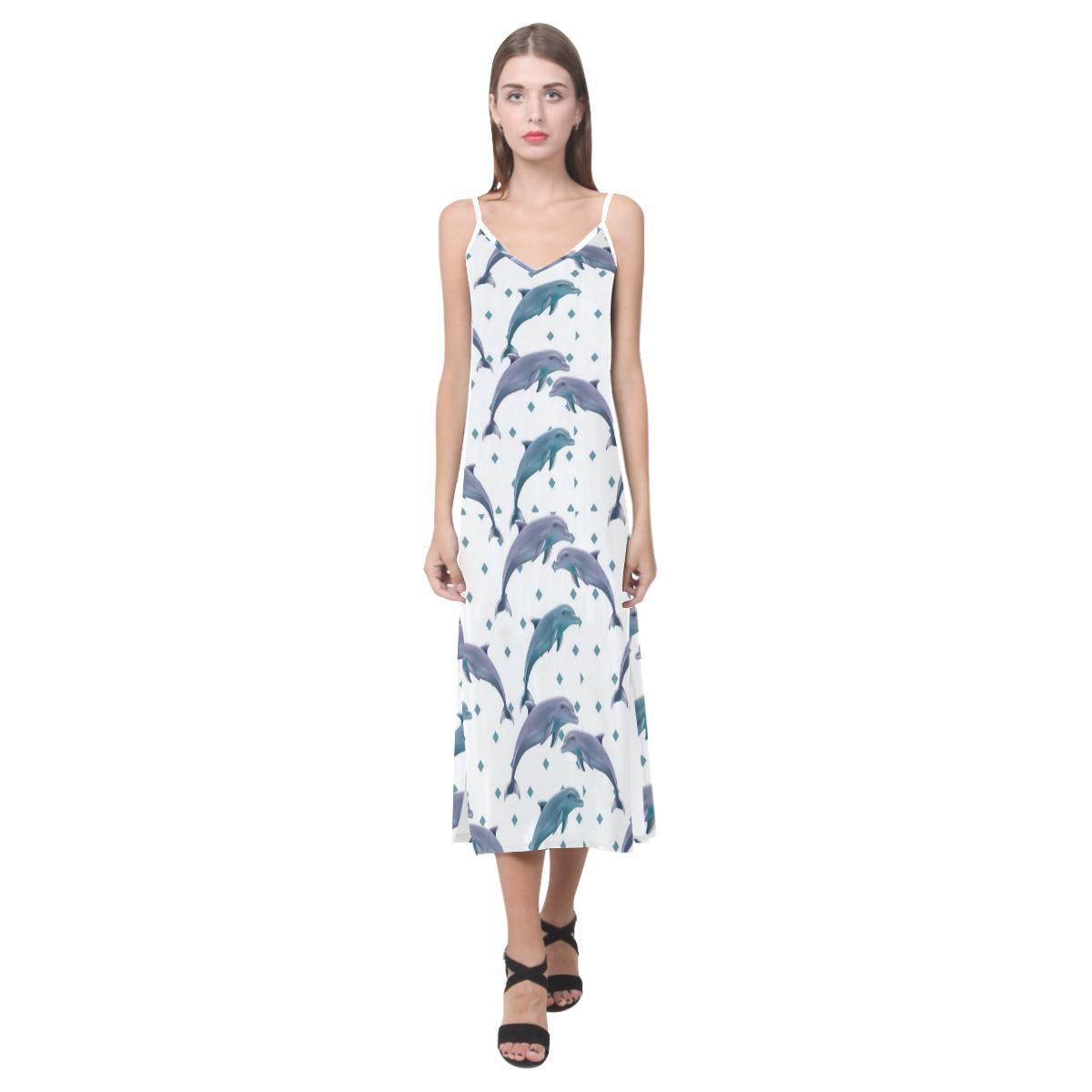 Dolphins pattern dotted background V-Neck Open Fork Long Dress