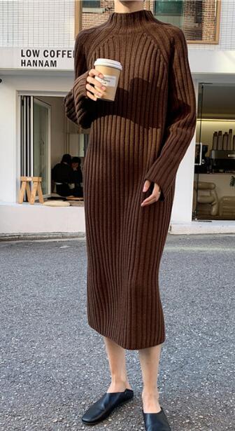 Women Winter basic Long Sweater Dress Turtleneck long sleeve Elegant solid color brief slim Knitted dresses pullovers alx