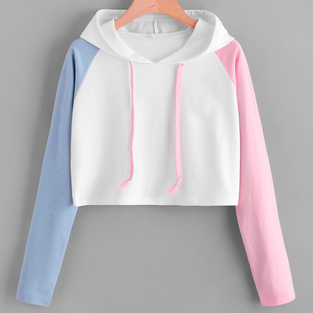 Cropped Hoodies Women Girl Patchwork Long Sleeve Casual Crop Jumper Pullover Tops Sudadera Mujer Толстовка Женская @40 alx