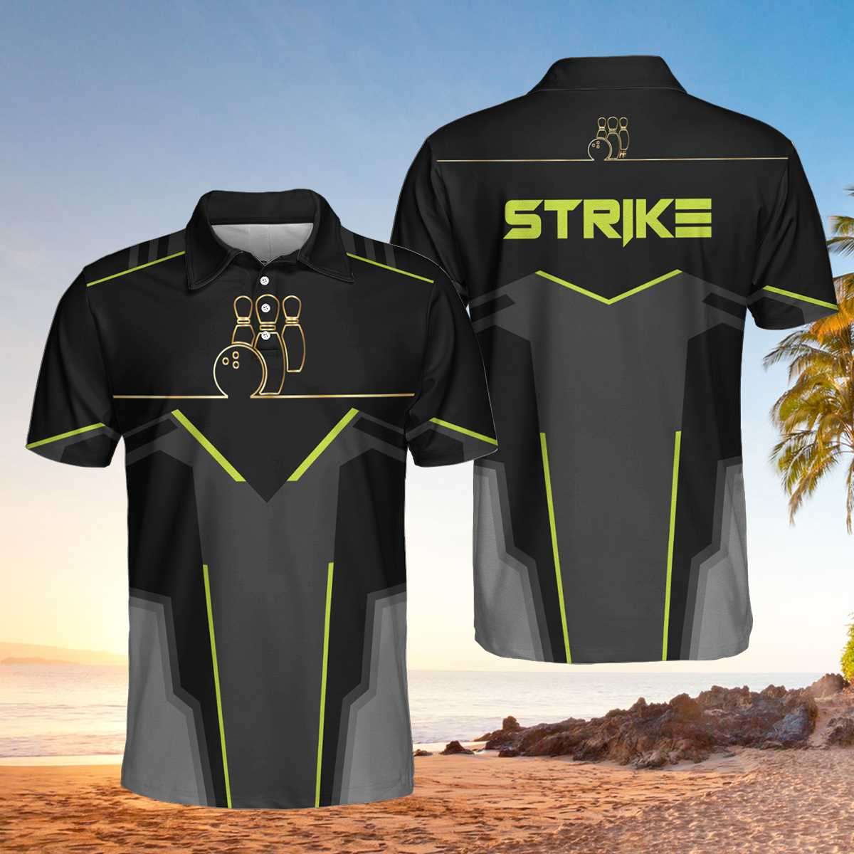 Strike Black And Golden Pattern Bowling Short Sleeve Polo Shirt, Digital Polo Shirt, Best Bowling Shirt For Men Coolspod