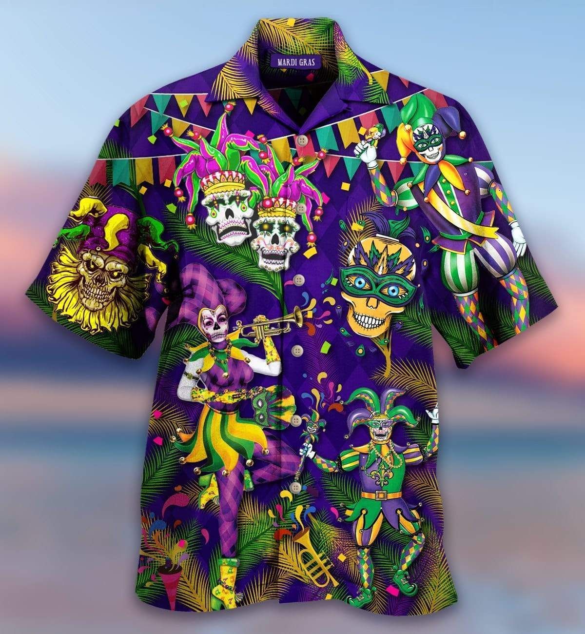 Beach Shirt Cover Your Body With Amazing Mardi Gras Clown Skull Happy Purple Hawaiian Shirts