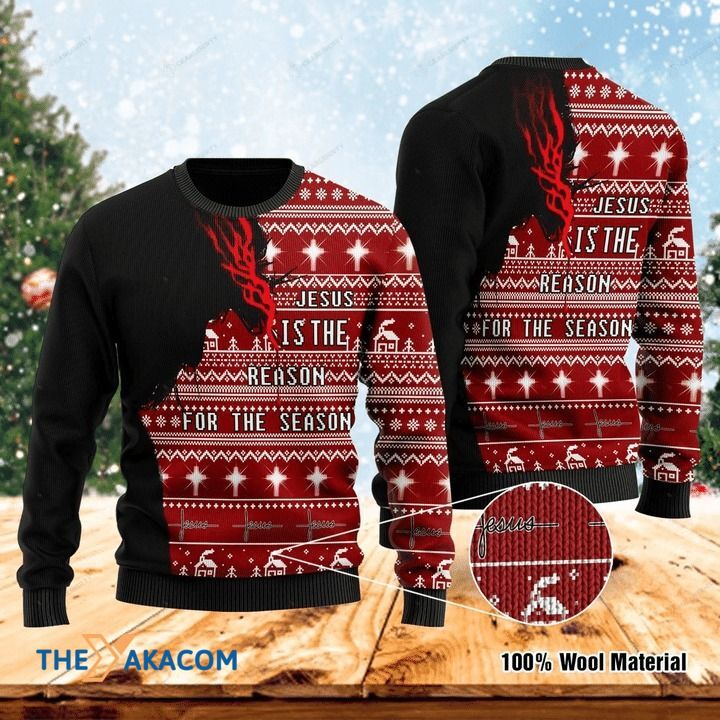 Black And Red Christmas Patterns Jesus Is The Reason For The Season Gift For Christmas Ugly Christmas Sweater