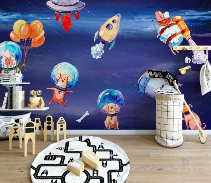 3D Hand Painted Space Rocket Animals Wall Mural Wallpaper 277