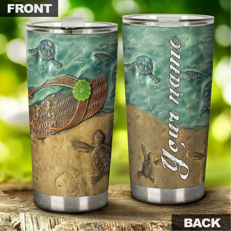 Turtle On The Beach Ceramic Stylepersonalized Tumbler-Unique Tumbler-Birthday Christmas Gift For Turtle Lover