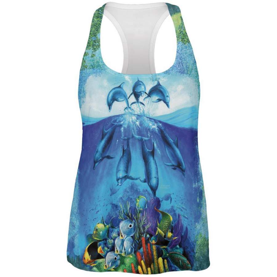 Dolphins Jumping Over Reef All Over Womens Work Out Tank Top