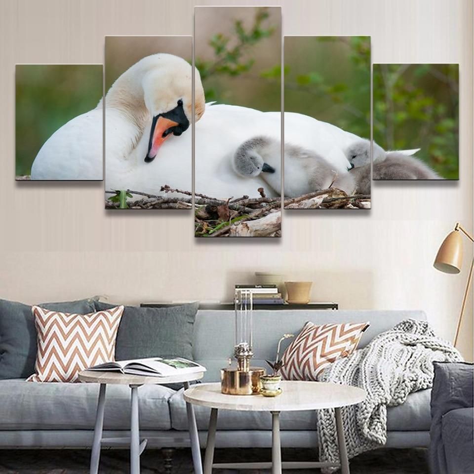 Swan 9 Animal 5 Panel Canvas Art Wall Decor