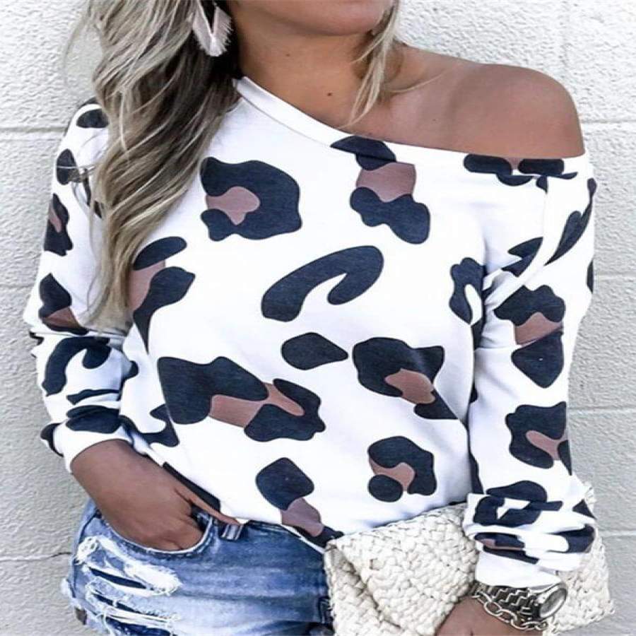 Off Shoulder Leopard Print Long Sleeve T-Shirt