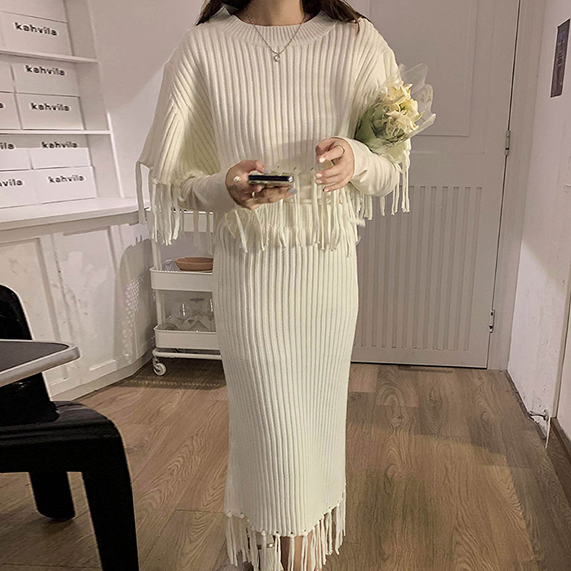 Clothland Women Vintage Tassel Knitting Suit O Neck Shawl Sweater Pullover Sheath Midi Skirt Pink Two Piece Set TZ628 alx