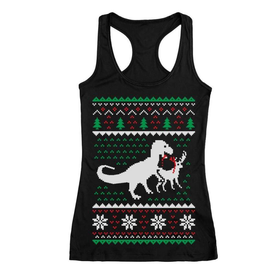 Ugly Christmas Sweater T-Rex VS Reindeer Funny Gift Racerback Tank Top