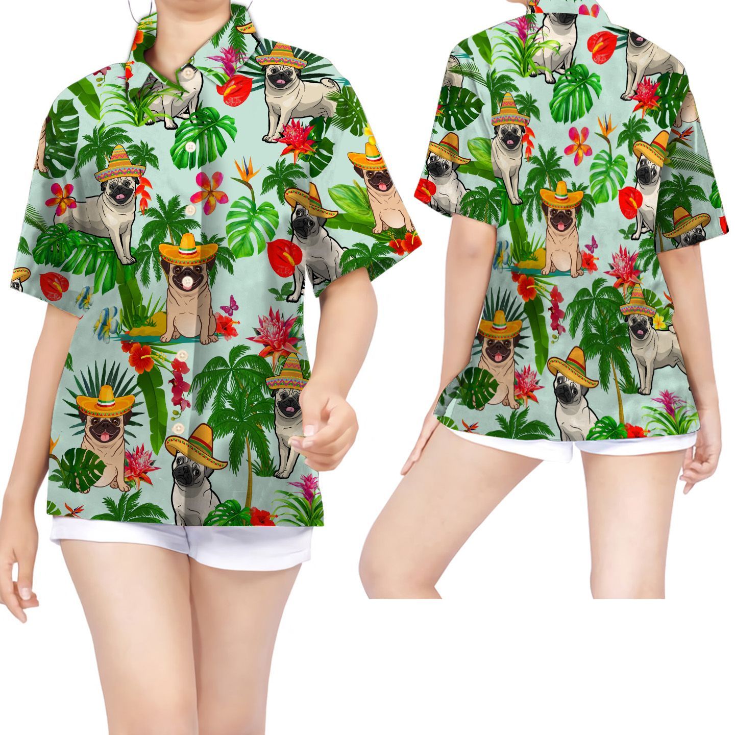 Beach Shirt Pug Wearing Mexican Hat Tropical Women Hawaiian Shirt For Dog Lovers From Mexico