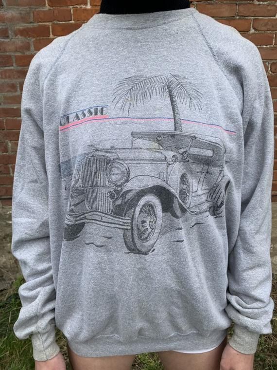 Vintage 80S Classic Car Crewneck On Tee Jays Usa Neon Full Front Print Shirt