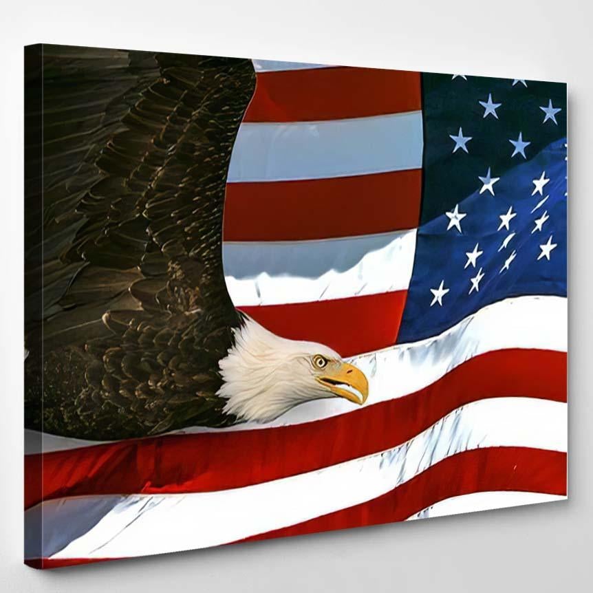 American Bald Eagle On Flag Background – Eagle Animals Canvas Print