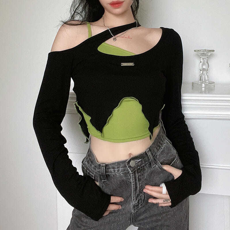 Y2k Vintage Asymmetrical T-shirt Korean Crop Tops Two Piece Women Casual Off Shoulder Streetwear Long Sleeve Chic Slim Tee Tops alx