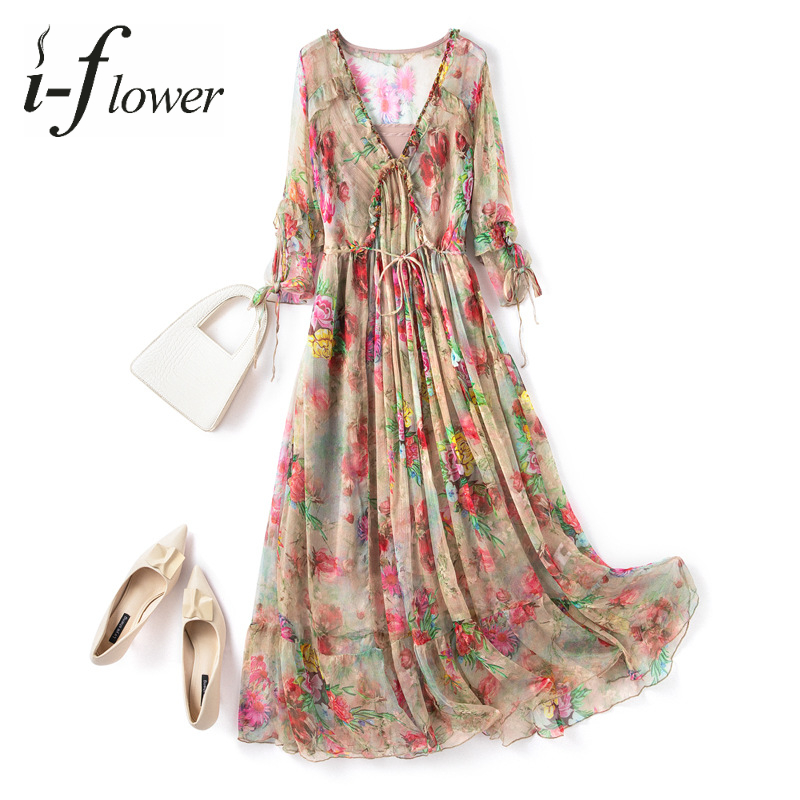 100% Natural Silk Mulberry Dress for Women 2022 Summer Printing Midi Dress A-Line V Neck Beading Ruffles Floral Robe 11011 alx