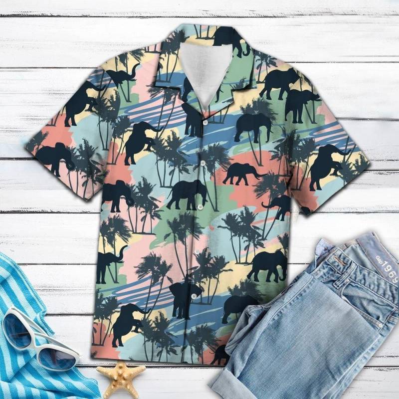 Artsyhomes [Hawaii Shirt] Elephant Coconut Palm Vintage T0807