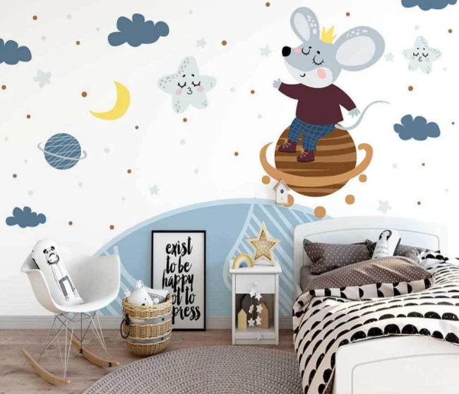 3D Cartoon Space Moon Star Planet Mouse Animal Wall Mural Wallpaper Lxl