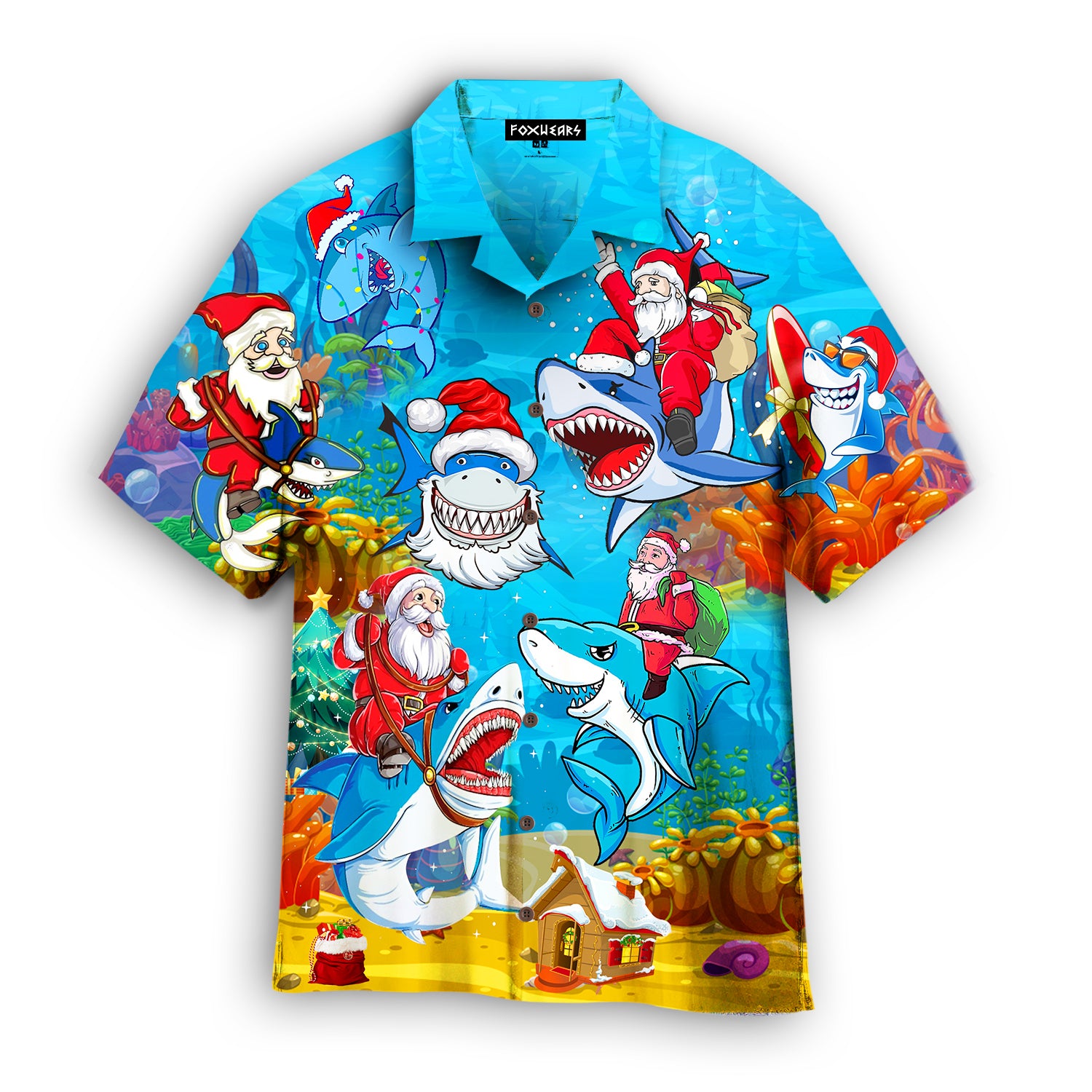 Christmas Santa Shark Santa Sled Brings Gifts To Ocean Funny Light Blue Hawaiian Shirt | For Men & Women | Wt2106