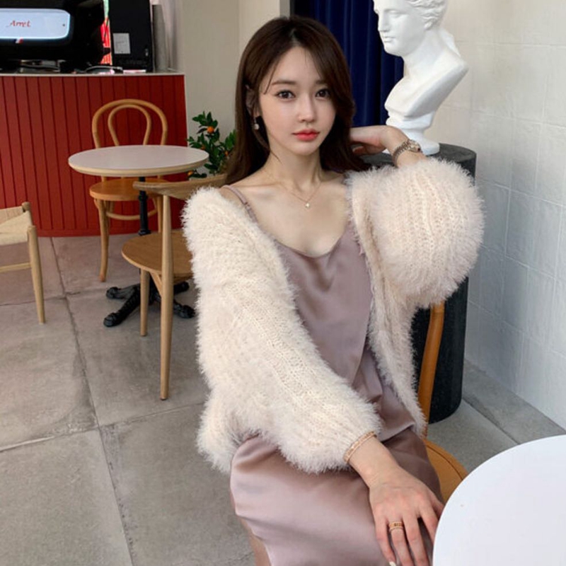 2021 New Women Sweater Furry Puff Sleeves Cardigan Female Coat Fairy Elegant Solid Sweet Soft Mohair Cardigans Casual Teddy Tops alx