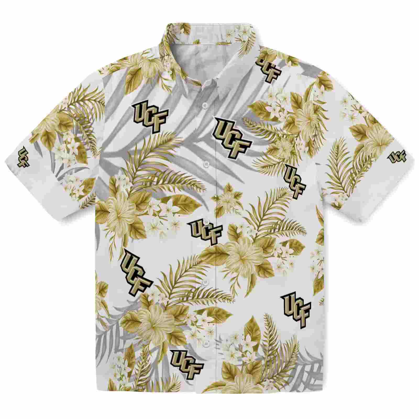 Ucf Knights Hibiscus Palm Leaves Gold White Hawaiian Shirt
