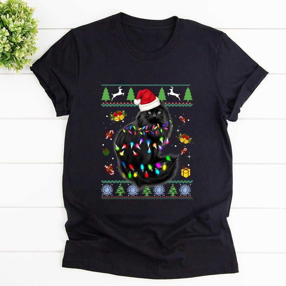 Black Cat Santa Hat Lights Cat Lover Ugly Christmas Graphic Unisex T Shirt, Sweatshirt, Hoodie Size S – 5XL