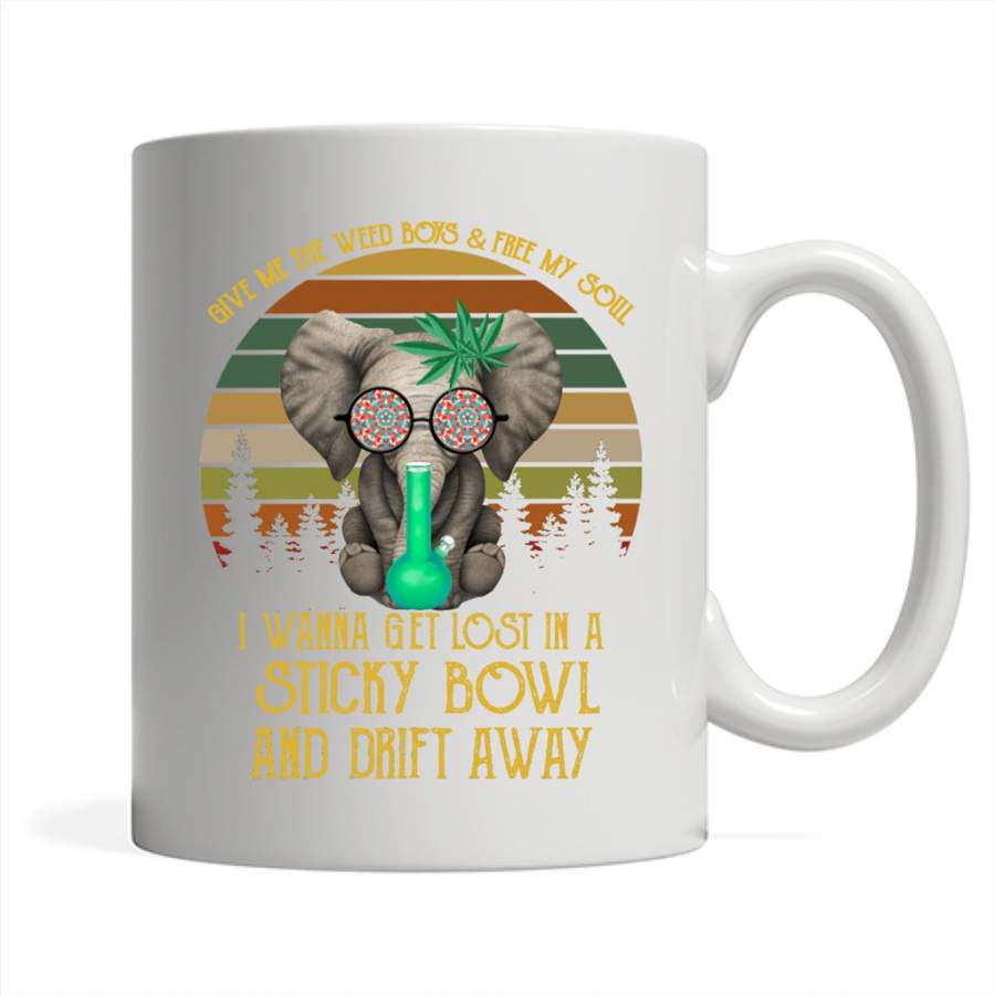 Give Me The Weed Boys And Free My Soul I Wanna Get Lost In A StickY Bowl And Drift Away, Elephant Vintage Classic A – Full-Wrap Coffee White Mug