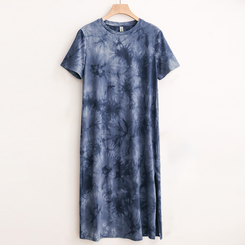 Vintage Cotton Tie Dye Women Dress Summer 2022 Casual Loose O-Neck Short Sleeve Sexy Side Spilt Long Maxi Robe Sundress alx