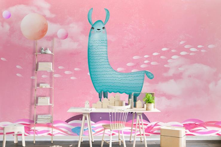 3D Cartoon Animal Alpaca Pink Sky Cloud Wall Mural Wallpaper Lqh 271