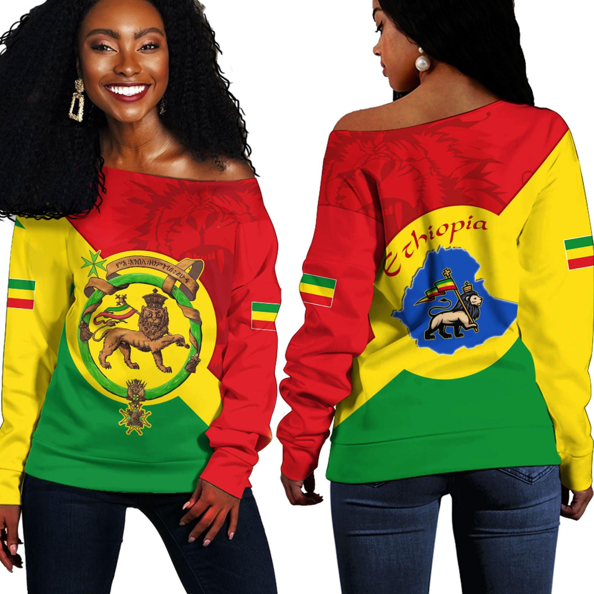 Africa Zone Clothing – Ethiopia Lion Haile Selassie Off Shoulder Sweaters A35